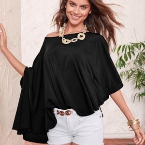 Asymmetrical Off shoulder Baring Loose Black blouse Sexy Stretch Shirt Top O/S